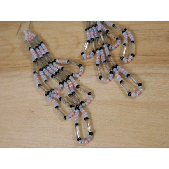 Vintage Beaded Hook Earrings, Pink Black Clear Blue Beaded Fringes Earrings - Picture 5 of 6